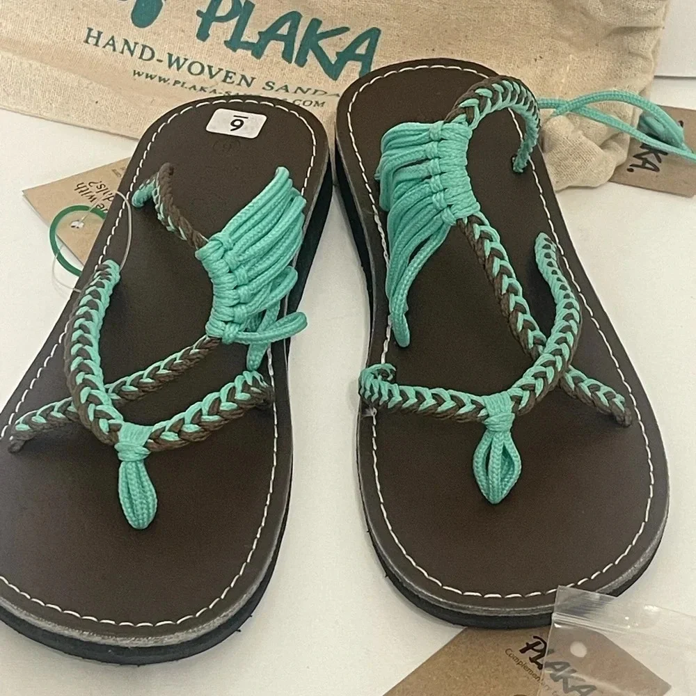 Plaka Flip Flops Thong Sandals Teal Brown size 6 / free toe ring - Picture 2 of 16